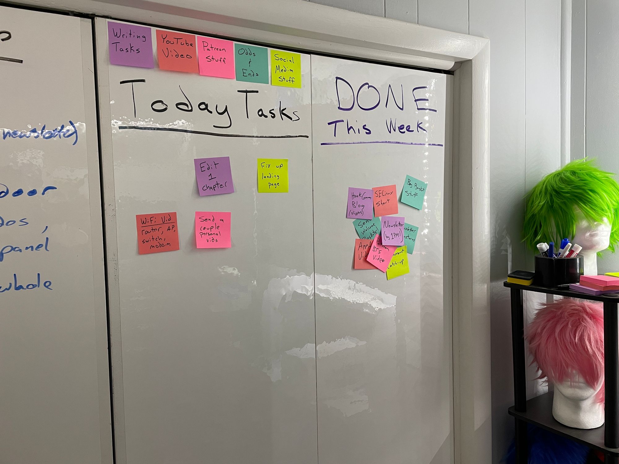 whiteboard with sticky notes all over, some done, some not done